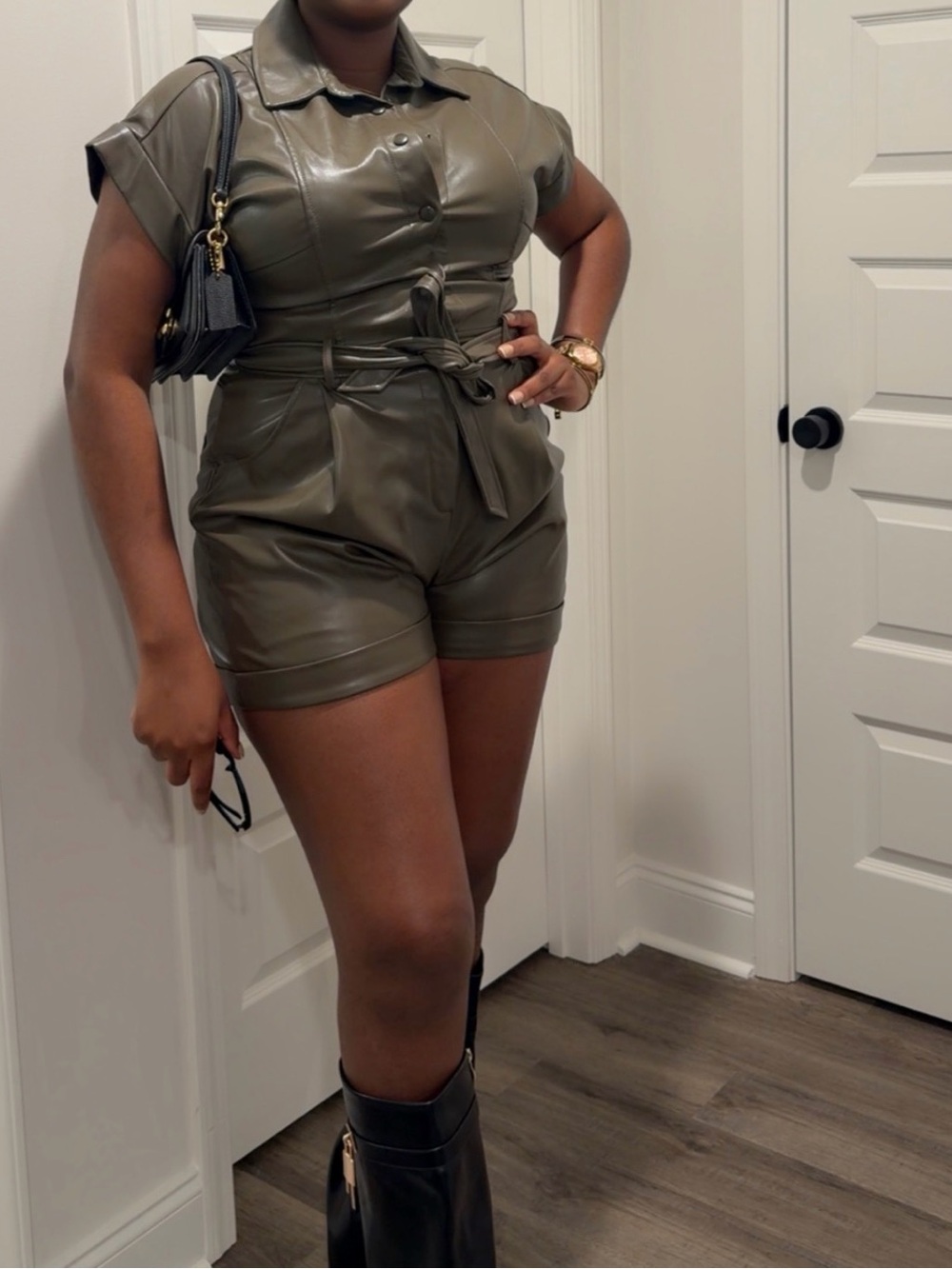 BCBGeneration Olive Faux Leather Tie-Waist Romper